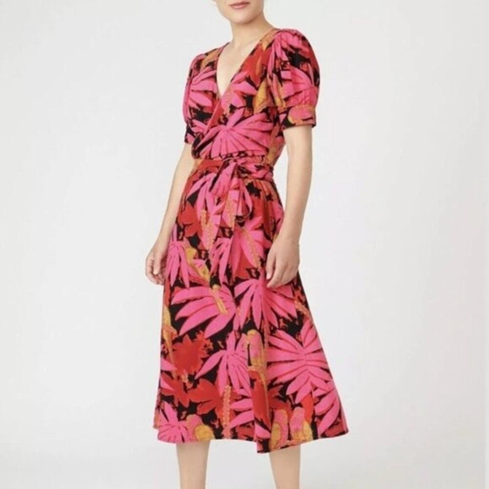 NWT J. Crew Tropical Palm Print Faux Tie Wrap Midi Dress V Neck Zip Up 6 Pink